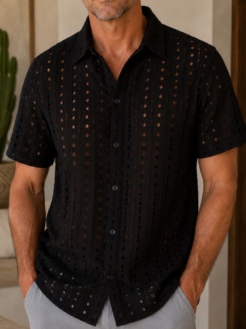 Elee Menswear Medium Black Eyelet Short Sleeve Shirt